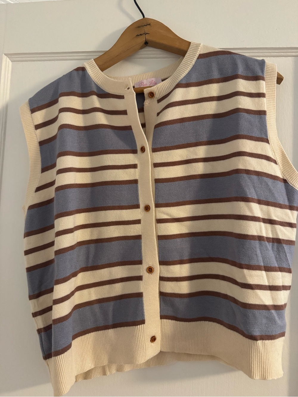 Brand new pink lily striped Sleeveless Cardigan Vest in Cream, Blue & Brown